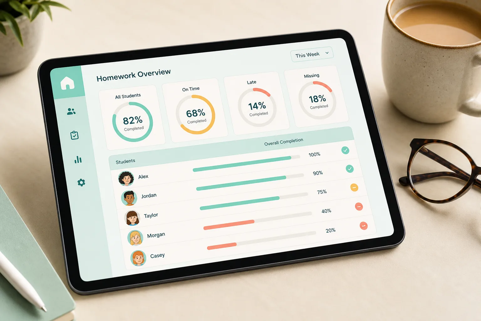 Docente revisando el progreso de deberes en una tablet
