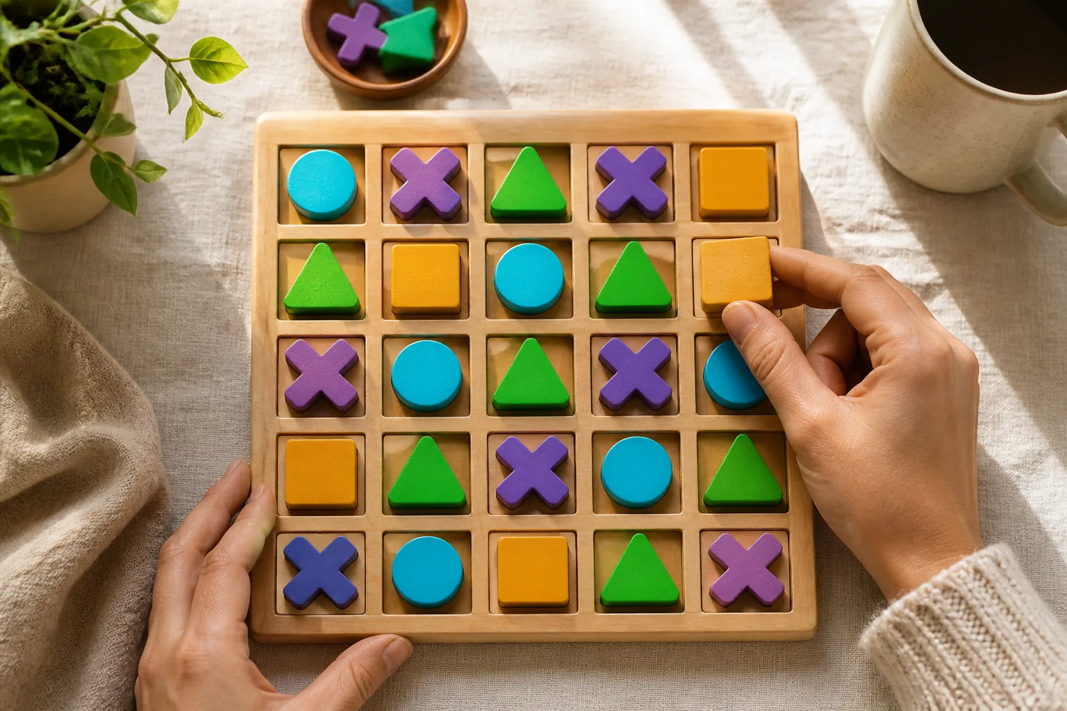 Wooden puzzle grid with colorful geometric figures for OrbGrid