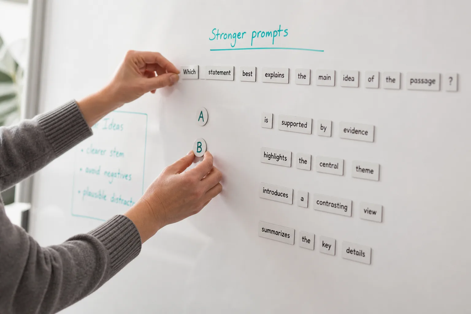 Hands arranging quiz answer tiles on a whiteboard